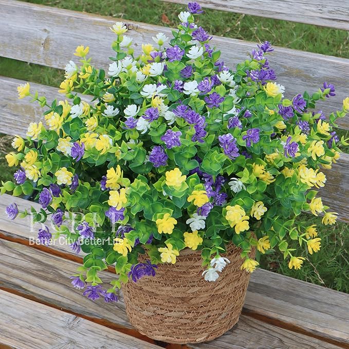 UV Resistant Artificial Flowers for Indoor and Outdoor Use, 12 Bundles Not-Fading Faux Plants for Porch, Patio, Garden, and Home Decoration - Yellow Purple White