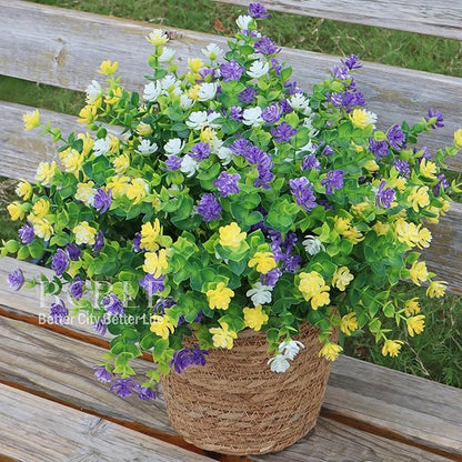 UV Resistant Artificial Flowers for Indoor and Outdoor Use, 12 Bundles Not-Fading Faux Plants for Porch, Patio, Garden, and Home Decoration - Yellow Purple White