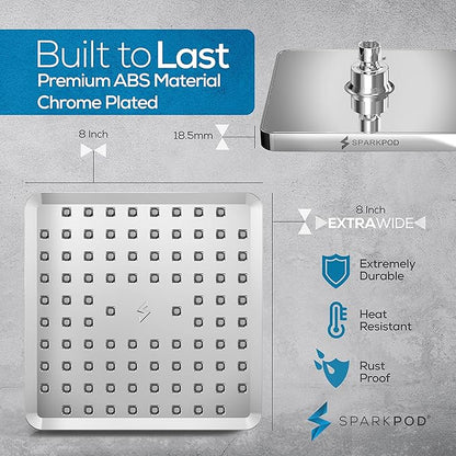 SparkPod Shower Head - High Pressure Rain - Premium Quality Luxury Design - 1-Min Install - Easy Clean Adjustable Replacement for Your Bathroom Shower Heads (Luxury Polished Chrome, 8 Inch Square)