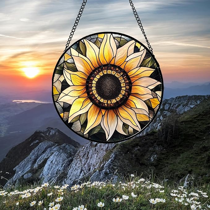 Stained Glass Window Hanging - Sunflower Suncatcher for Door Garden Patio Retro Flower Sun Catchers Decor Christmas Mother's Day Birthday Gifts for Women Mom Nana Friend Wife 9.8 in