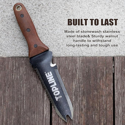 TOPLINE Hori Hori Garden Knife with Oxford Sheath, 7”Stainless Steel Blade with Cutting Edge, Folked Tip Design, Full Tang Walnut Handle, Multifunctional Garden Tools for Weeding, Planting, Cutting