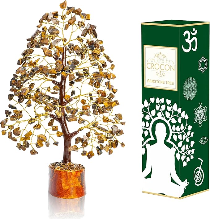 Crocon Tiger Eye Gemstone Tree of Life - Crystal for Feng Shui Decor - Chakra Money Bonsai Tree, Good Luck Healing Crystals Meditation Stones, Spiritual Unique Gift 10-12"""