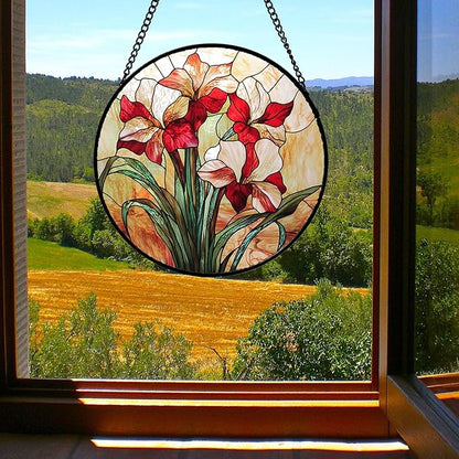Stained Glass Window Hanging - Red Gladiolus Flower Suncatcher for Door Yard Sun Catchers Decor Christmas Mother's Day Birthday Gifts for Lovers Women Mom Nana Girlfriend Wife 7.8 in