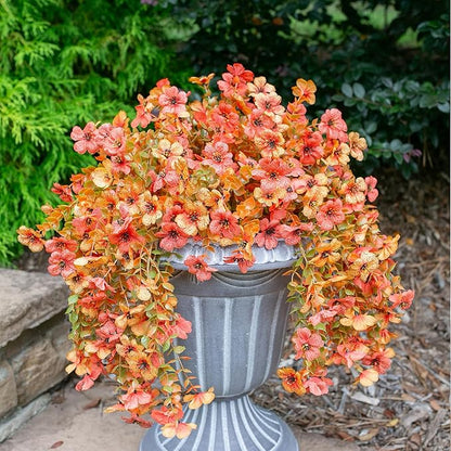 HyeFlora Artificial Flowers for Outdoors Fall Decoration, 2Pcs Fall Orange Yellow Hanging Flowers with Autumn Eucalyptus Leaves Faux Silk Flower Decor for Home Porch Patio Balcony Planter Yard