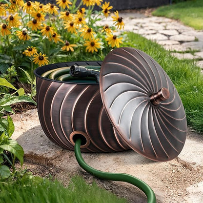 Monarch Abode Garden Hose Holder with Lid – Decorative Water Hose Holders for Outside, Wave Embossed Metal Antique Copper Pot with Drainage, 100ft Waterhose Holder for Outside, Garden Storage Caddy