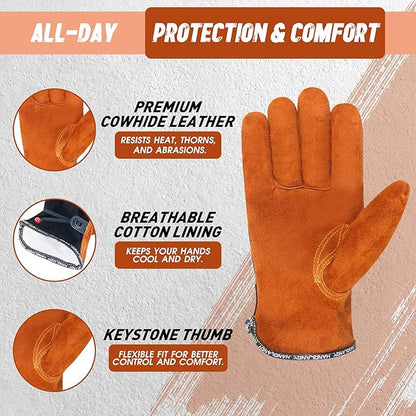 HLDD HANDLANDY 2 Pairs Leather Work Gloves for Men & Women, Reinforced Durable Palm for Welding, Farm, Gardening, Driving