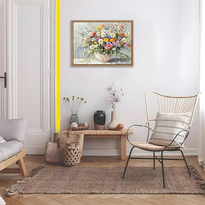 Floating Frame Canvas Wall Art, Vintage Watercolor Floral Pictures Wall Decor, Country Farmhouse Colorful Wildflower Poster Prints for Living Room Bathroom Dining Room Decor 12X16 inch