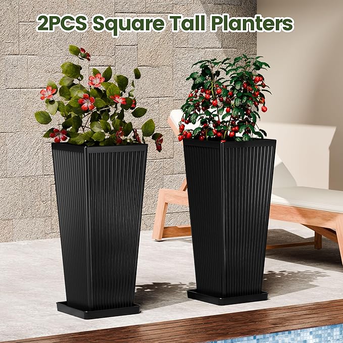 Tapered Tall Planters for Outdoor Plants 2 Pack- 23.6 Inch Square Indoor Flower Pots with Drainage Holes and Partition/Tray Saucers, Large Outdoor Planters for Porch Patio Garden, Black