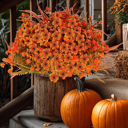 Artificial Fall Flowers for Outdoors Fake Mums - 16 Bundles Faux Fall Decor Plants No Fade Shrubs (16, OrangeGreenGrass)
