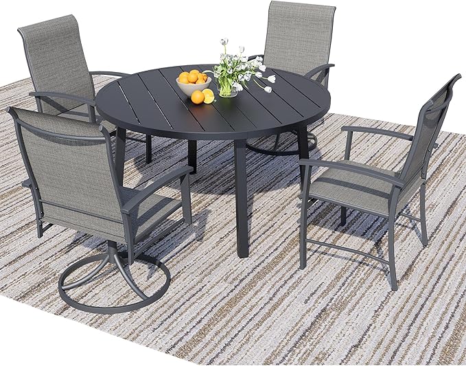 5 Piece Outdoor Dining Set, 42" Black Round Outdoor Dining Table with 2 Grey Swivel Outdoor Dining Chairs and 2 Fixed Patio Table and Chair Set of 4 for Lawn, Garden, or Porch