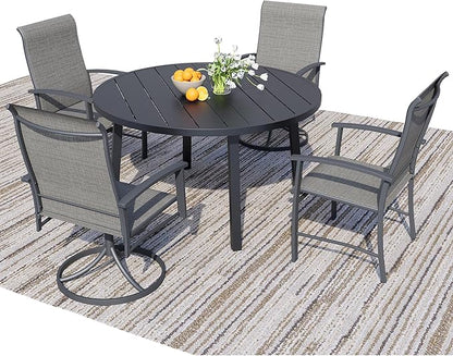5 Piece Outdoor Dining Set, 42" Black Round Outdoor Dining Table with 2 Grey Swivel Outdoor Dining Chairs and 2 Fixed Patio Table and Chair Set of 4 for Lawn, Garden, or Porch