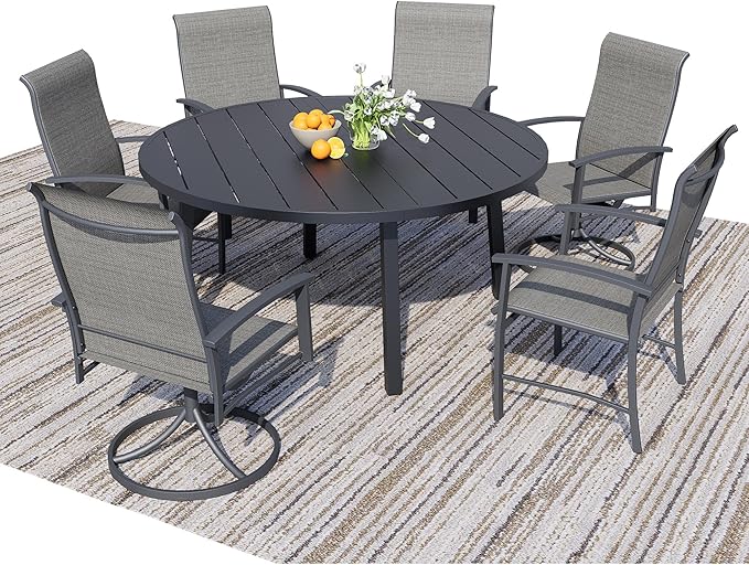 7 Piece Outdoor Dining Set, 47" Black Round Outdoor Dining Table with 2 Grey Swivel Outdoor Dining Chairs and 4 Fixed Patio Table and Chair Set of 6 for Lawn, Garden, or Porch