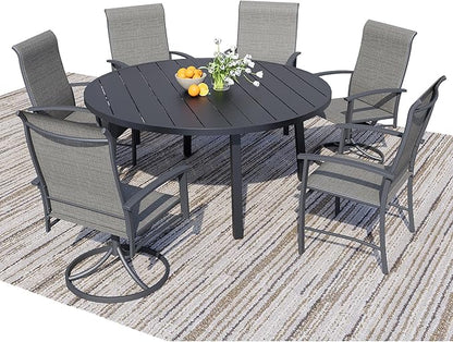 7 Piece Outdoor Dining Set, 47" Black Round Outdoor Dining Table with 2 Grey Swivel Outdoor Dining Chairs and 4 Fixed Patio Table and Chair Set of 6 for Lawn, Garden, or Porch