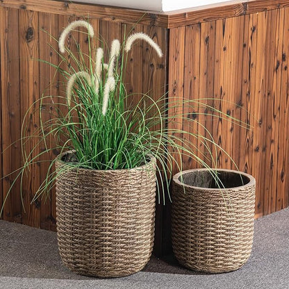 Yundu Concrete Planter Set of 2, The planters for Outdoor Plants, 14.5 & 12 inch pots for Plants,The Tall Planter with Drain Hole Suitable for Home, Office and Outdoor décor