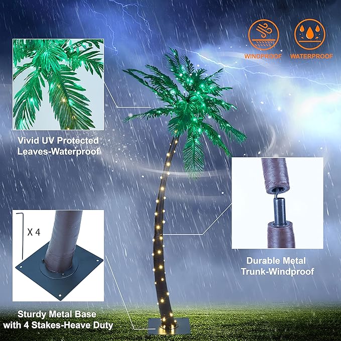 Lightshare 7 Feet Palm Tree 96LED Lights Artificial Fake Tree Decoration for Tiki Bar Outside Patio Porch Pool Christmas Nativity