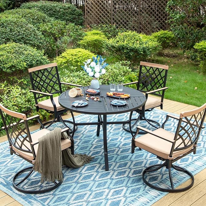 MFSTUDIO 5 PCS Patio Dining Set with 4 Swivel Metal Chair with Cushion and 1 Heavy Duty Round Table for 4, All Weather Resistant Patio Furniture for Lawn and Garden