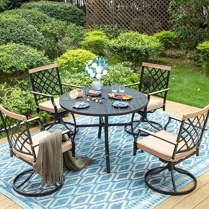 MFSTUDIO 5 PCS Patio Dining Set with 4 Swivel Metal Chair with Cushion and 1 Heavy Duty Round Table for 4, All Weather Resistant Patio Furniture for Lawn and Garden