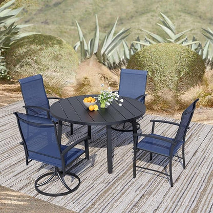 5 Piece Outdoor Dining Set, 42" Black Round Outdoor Dining Table with 2 Blue Swivel Outdoor Dining Chairs and 2 Fixed Patio Table and Chair Set of 4 for Lawn, Garden, or Porch