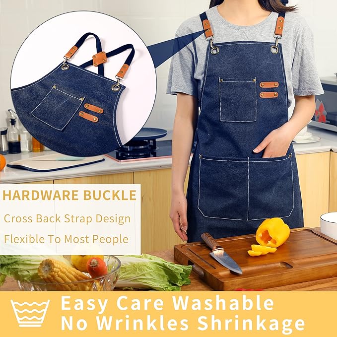 Tosewever 2 Pack Canvas Cross Back Chef Apron for Men Women with Pockets, Cotton Tool Aprons for Cooking Kitchen BBQ Artist