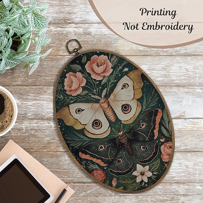 LKETW Vintage Floral Butterfly Oval Wall Art Decor, Gothic Dark Academia Butterfly Oval Canvas Hanging Decor, Cottagecore Moth Botanical Wall Decorations for Home Bedroom Living Room, 8.6x11.4 Inch