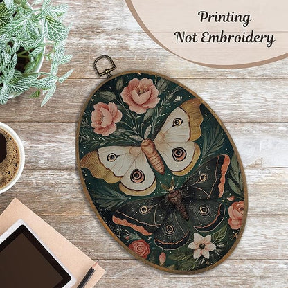 LKETW Vintage Floral Butterfly Oval Wall Art Decor, Gothic Dark Academia Butterfly Oval Canvas Hanging Decor, Cottagecore Moth Botanical Wall Decorations for Home Bedroom Living Room, 8.6x11.4 Inch