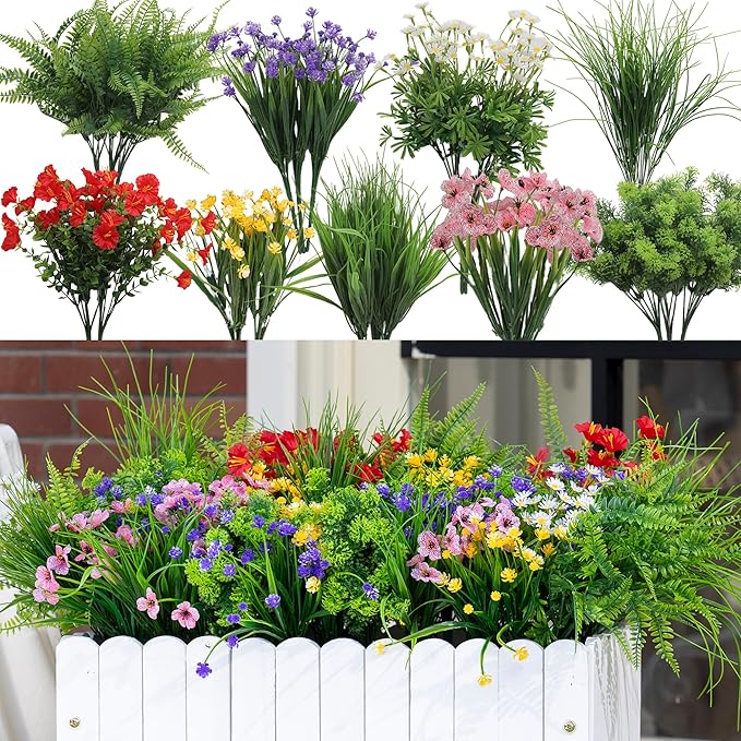 Green Moon 23 Bundles Artificial Plants Outdoor with Colorful Flower, Greenery Shrubs Realistic UV Resistant for Outside Home Planter Porch Patio Yard Decor