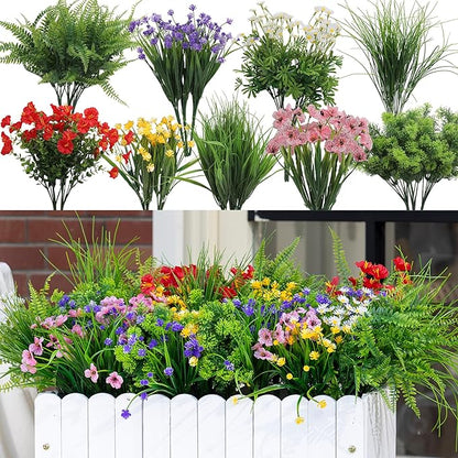 Green Moon 23 Bundles Artificial Plants Outdoor with Colorful Flower, Greenery Shrubs Realistic UV Resistant for Outside Home Planter Porch Patio Yard Decor