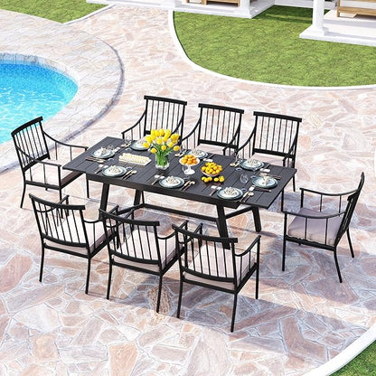 PHI VILLA 9 Pieces Outdoor Dining Set for 8, 84" Long Expandable Metal Table & Heavy-Duty Wrought Iron Chairs with Cushions, Large Furniture Set for Patio, Deck, Yard, Porch - Black