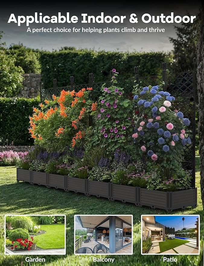 7 PCS Raised Garden Bed with Trellis, 116 in W x 63"Tall Plastic Planter Box for Climbing Plants, Outdoor Vertical Garden with Privacy Screen for Patio, Balcony, Backyard – Sturdy & Lightweight