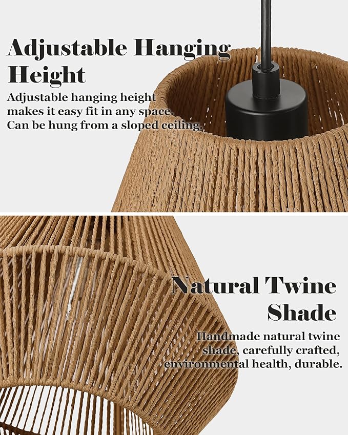 ELYONA 16.5” Large Woven Pendant Light Modern Boho Chandelier Handwoven Rattan Basket Shade Rustic Pendant Light Fixtures Farmhouse Ceiling Hanging Lamp for Dining Room Kitchen Bedroom Entryway Foyer