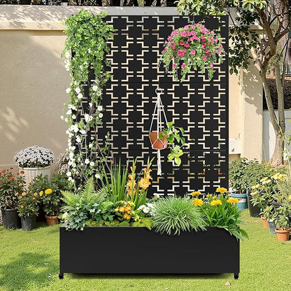 Metal Raised Garden Bed with Trellis, 2-in-1 Planter Box & Privacy Screen for Climbing Plants, Outdoor Standing Flower Bed with Drainage Holes, 47.2" L x 16.7" W x 70.8" H, Black-Square