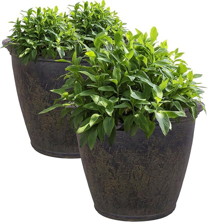 Sunnydaze 24-Inch Anjelica Large Plastic Pot for Plants - Double-Walled Outdoor Polyresin Round Planter Porch Pot with Drillable Drainage Holes - Sable - 2pk