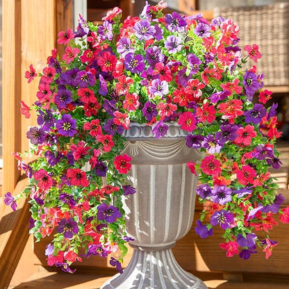 Artificial Faux Hanging Flowers Plants for Spring Outdoor Outside Decoration, 2 PCS Fake Silk Daisy with Eucalyptus UV Resistant Realistic Trailing Vines for Balcony Patio Porch (Darkpurple+Hotpink)