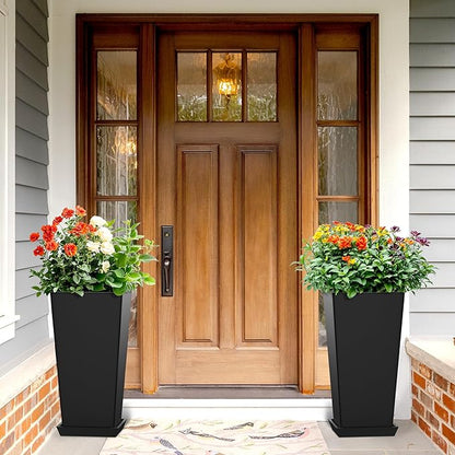 24 Inch Tall Tapered Square Planters (Set of 2) - Indoor Outdoor Large Flower Pots with Built-in Drainage & Matching Water Tray for Patio, Garden, Home - Black