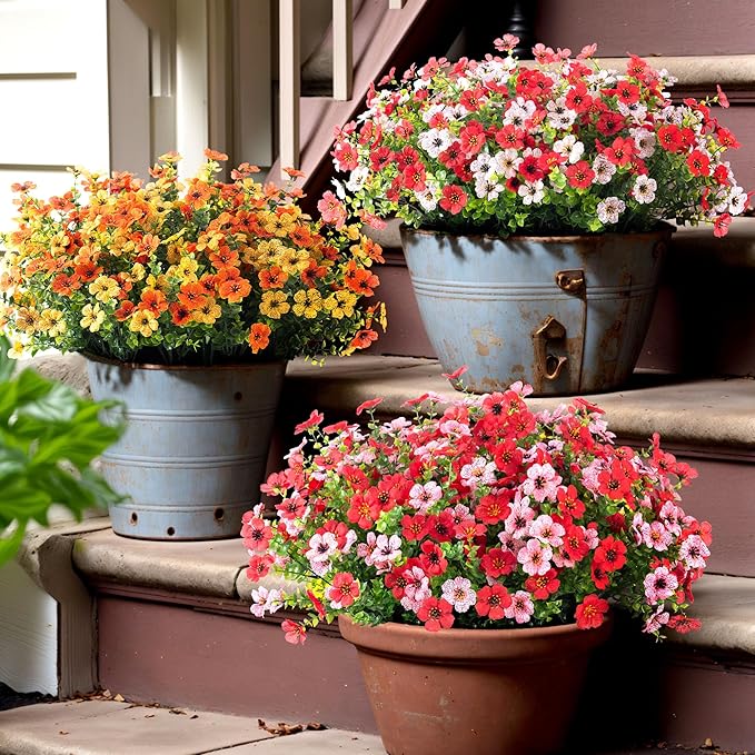 Artificial Fake Plants Flowers for Outdoor Spring Summer Decor,12 Bundles Faux Silk Daisy for Planter Pot Colorful UV Resistant Look Real for Front Door Porch Patio Outside Yard(Yellow Orange)