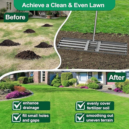 Lawn Leveling Rake, 36"x10" Heavy Duty Leveling Rake for Soil, Sand, Compost, Gravel, Steel Lawn Leveler with Adjustable Handle, Level Yard Tool for Backyard, Garden, Farm, Golf Course