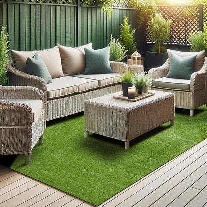 Ottomanson 6'6" x 50' Artificial Faux Grass Rug - Realistic Turf with UV Protection - Perforated for Easy Drainage - Durable, Hose-Off Synthetic Lawn Carpet for Indoor & Outdoor Use, Green