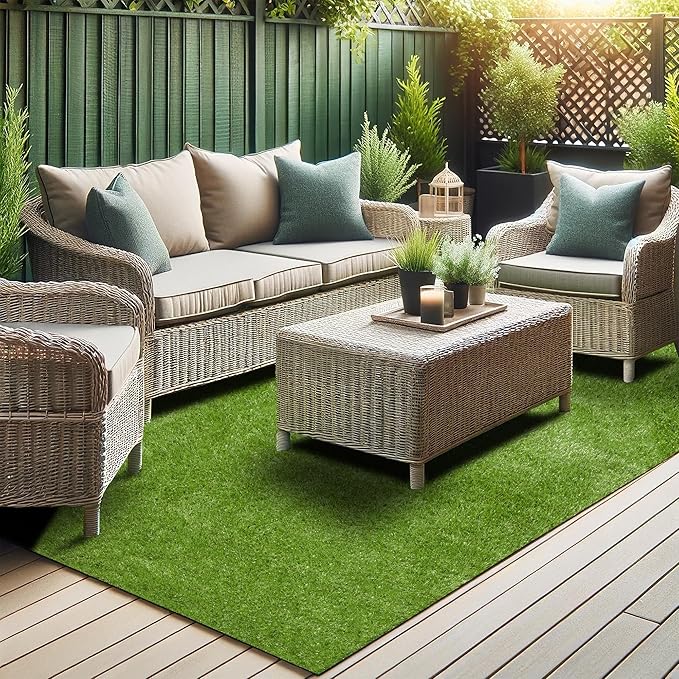 Ottomanson 6'6" x 32' Artificial Faux Grass Rug - Realistic Turf with UV Protection - Perforated for Easy Drainage - Durable, Hose-Off Synthetic Lawn Carpet for Indoor & Outdoor Use, Green