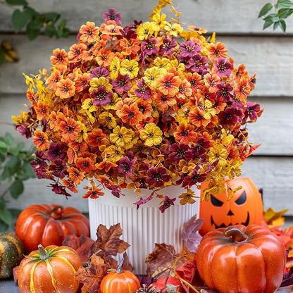 Artificial Fall Flowers for Outdoor Fake Mums - 16 Bundles Fake Plants UV Resistant No Fade Faux Plastic Greenery Garden Porch Patio Home Decor(16, BrownOrangeYellow)