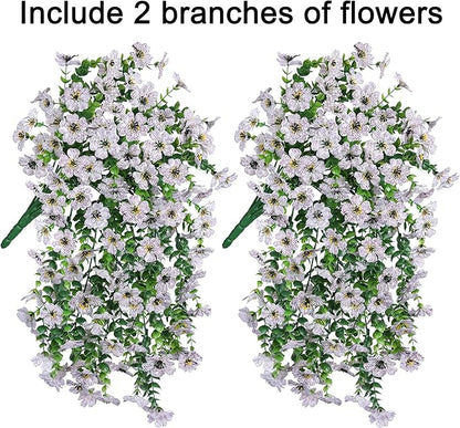 HyeFlora Artificial Flowers for Outdoors Fake Hanging Decoration, 2Pcs White Spring Summer Decor, Realistic Plants, UV & Fading Resistant Silk Flower for Porch Patio Balcony Planter Yard Home Garden