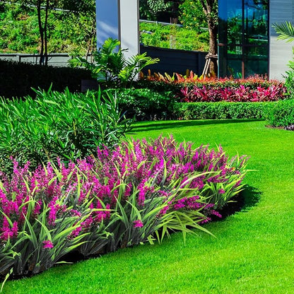 Ouddy Decor 24 Bundles Artificial Flowers for Outdoors, Fake Lavender Flowers Monkey Grass Faux Plastic Plants Shrubs UV Resistant for Porch Garden Window Box Office Home Decorations, Fuchsia