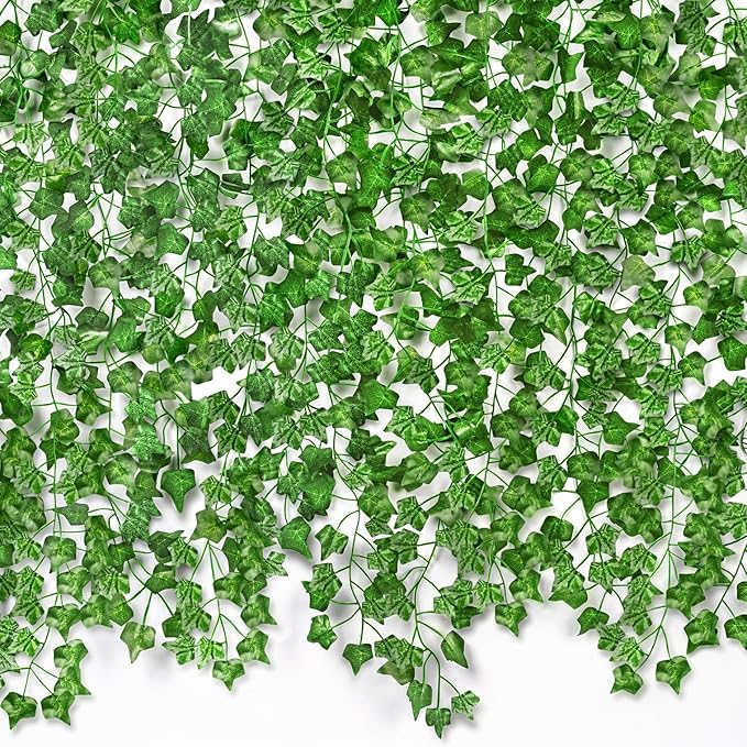 CQURE 16 Pack 105Ft Artificial Ivy Fake Vines,Ivy Garland Greenery Garland Fake Hanging Plants Vines Green Leaves for Bedroom Wedding Garden Wall Room Decor
