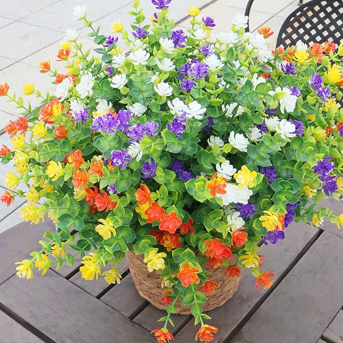 Artificial Flowers Outdoors, 12 Bundles Not-Fading Fake Flowers UV-Anti Faux Plastic Mix-Colored Plants for Indoor & Outdoor Porch Garden Vase Décor (4 Colors)