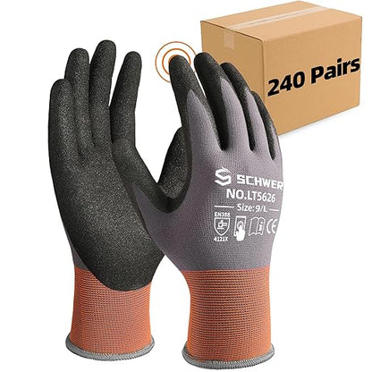 Schwer 240 Pairs Safety Work Gloves with Sandy Nitrile Coating LT5626, Max Abrasion Resistance Heavy Duty Working Glove with Grip for Men and Women, Ideal for Mechanic, General-Purpose, S