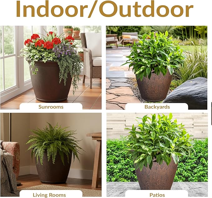 Sunnydaze 24-Inch Anjelica Large Plastic Pot for Plants - Double-Walled Outdoor Polyresin Round Planter Porch Pot with Drillable Drainage Holes - Rust