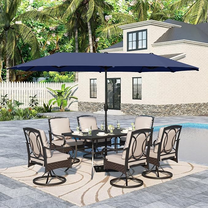 Sophia & William Patio Table and Chairs Set with Umbrella 8 Piece Outdoor Dining Set for 6 with 13ft Double-Sided Patio Navy Umbrella, 6 x Swivel Patio Chairs, 1 Metal Table for Lawn Garden