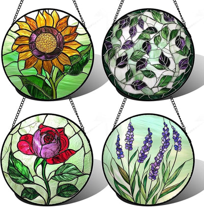 Stained Glass Window Hanging 4 Pcs Set Red Roses Yellow Sunflowers Large 15" - Flower Suncatcher Door Garden Sun Catcher Decor Birthday Mother's Day for Mom Woman Nana Girl