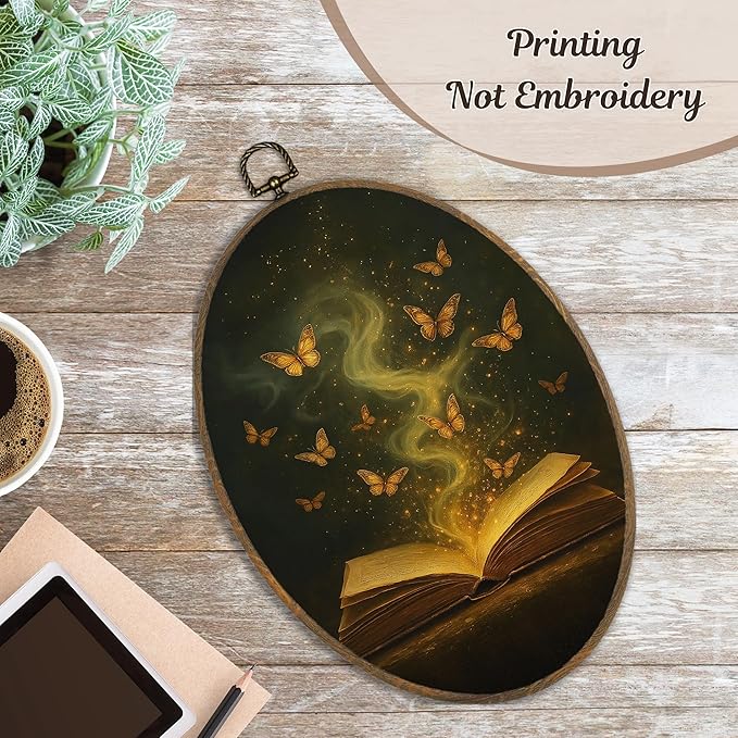 LKETW Vintage Moody Gold ButterflyBook Oval Wall Art Decor, Dark Academia Bookish Oval Canvas Hanging Decor, Book Lovers Gifts Wall Decorations for Reading Room Library Gallery, 8.6x11.4 Inch