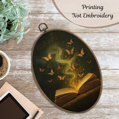 LKETW Vintage Moody Gold ButterflyBook Oval Wall Art Decor, Dark Academia Bookish Oval Canvas Hanging Decor, Book Lovers Gifts Wall Decorations for Reading Room Library Gallery, 8.6x11.4 Inch
