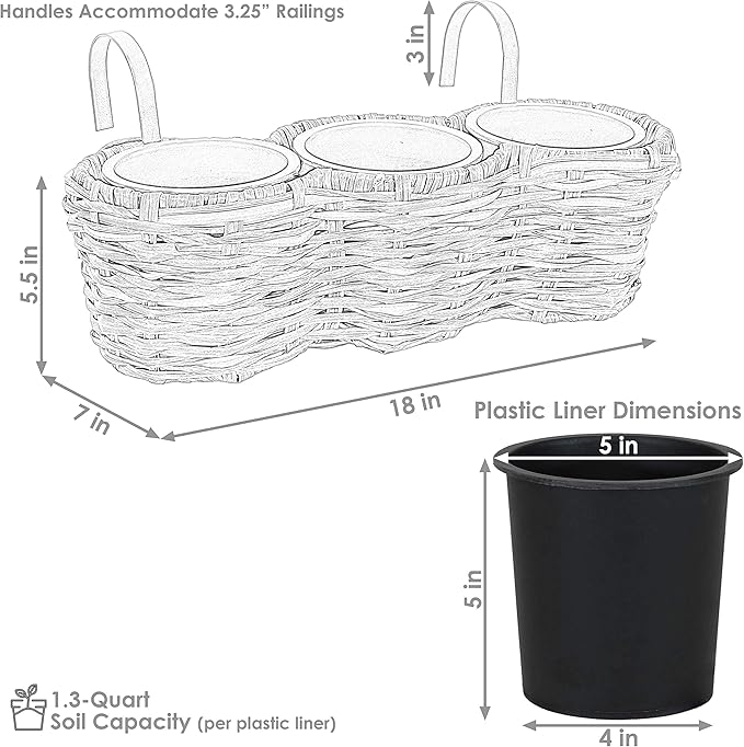 Sunnydaze Indoor/Outdoor Round Polyrattan Over-The-Rail Tri-Planter with 3 Black Liners - Frost